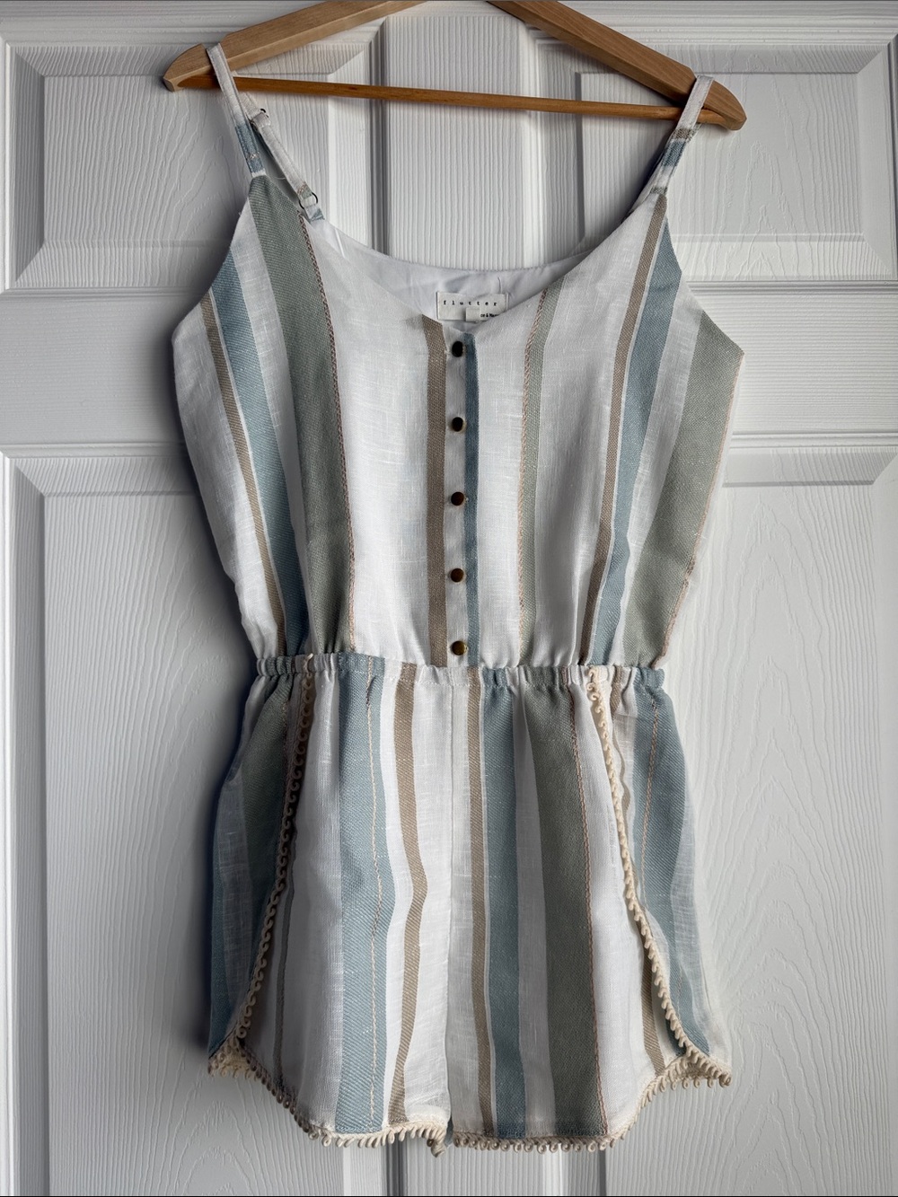 Striped Button-Front Linen Romper in Blue, Sage & Beige